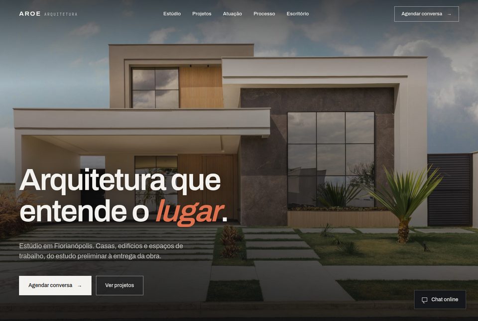 Página inicial do site Aroe Arquitetura